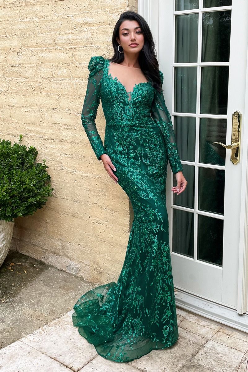 Emerald Green & Mauve Long Sleeve Embroidered Gown | Elegant Modest Formal Dress with V-Neckline CDCD989-0